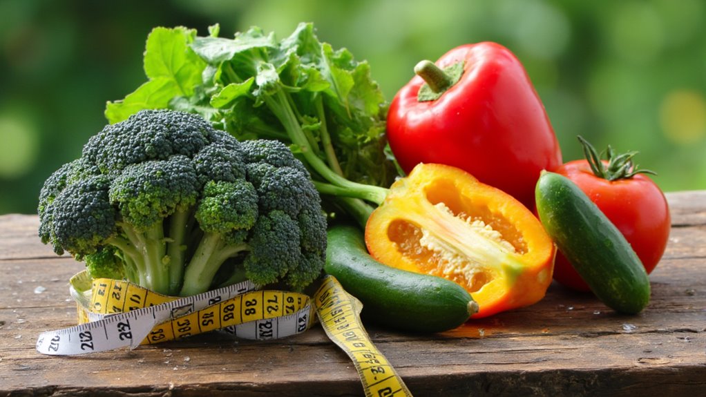 A variety of fresh vegetables, including broccoli, lettuce, red and yellow bell peppers, cucumber, and tomato, are displayed on a wooden surface with a yellow measuring tape—perfect for those seeking stomach weight loss or flat stomach tips.