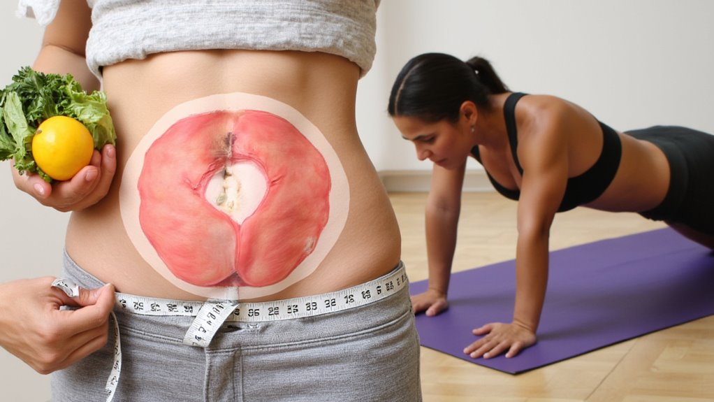 A woman holding vegetables stands with a tape measure around her waist and an illustration of internal organs on her stomach, highlighting flat stomach tips, while another woman does push-ups on a yoga mat in the background.
