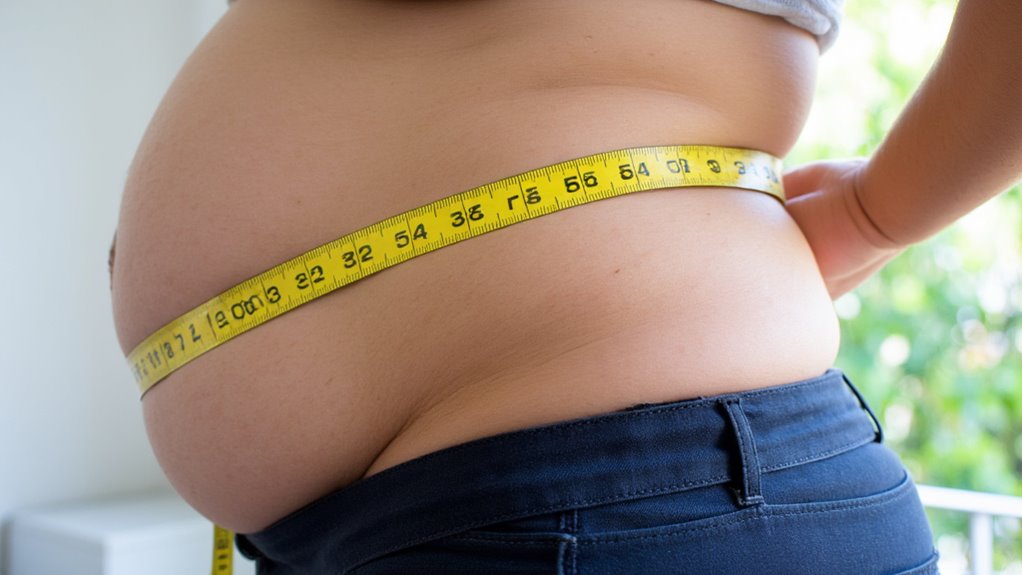 Close-up of a person measuring their bare midsection with a yellow measuring tape, highlighting their stomach above dark pants—perfect for illustrating belly fat reduction or sharing flat stomach tips.
