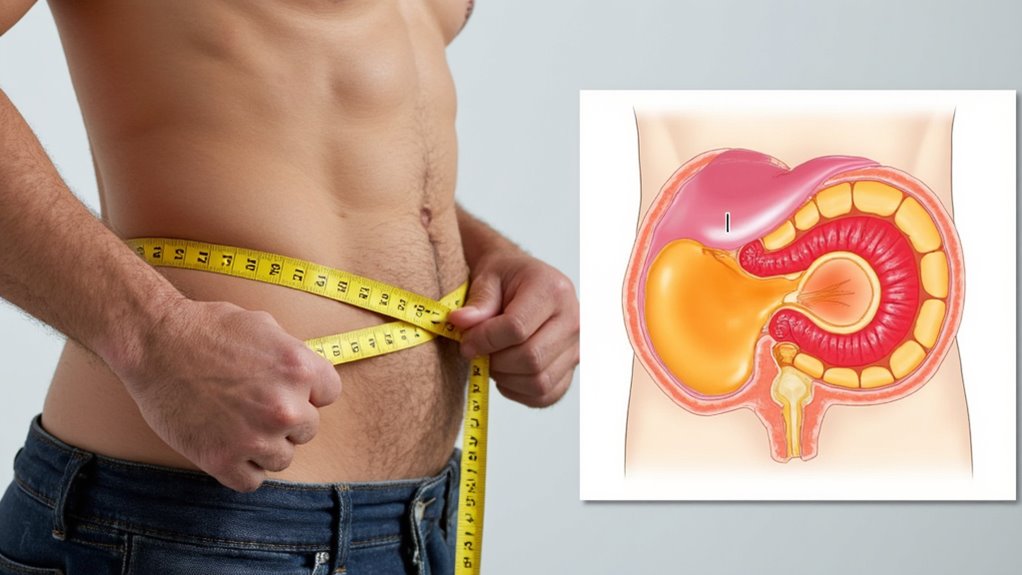 A person measures their waist with a tape measure. An inset illustration shows a cross-section of the abdomen, highlighting body fat and internal organs—a helpful visual for understanding belly fat reduction.
