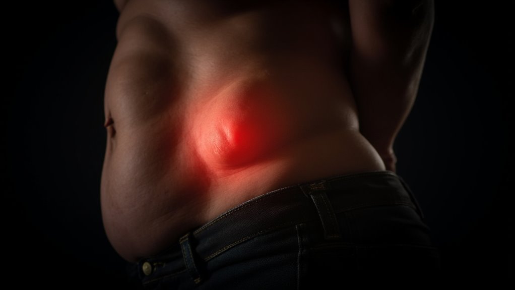 A person with a large, swollen lump on their side, highlighted by a red glow to indicate pain or inflammation—showing the importance of understanding how to lose belly fat—set against a dark background.