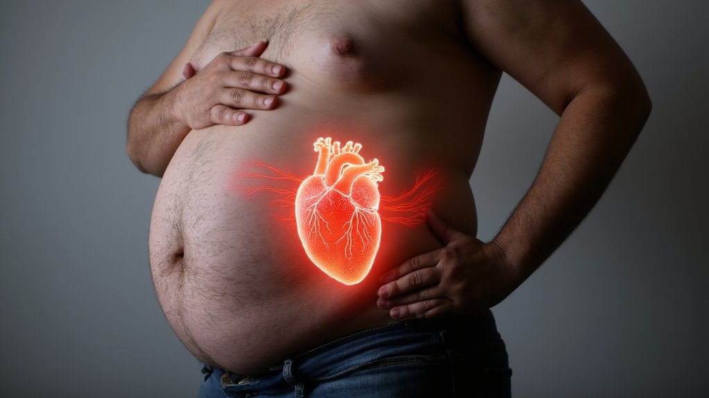 A shirtless person with visible abdominal fat stands with one hand on their stomach. An illustrated, glowing heart is superimposed over their abdomen, highlighting the link between visceral fat loss and improved heart health.