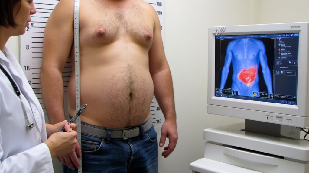 A doctor measures a shirtless man's waist with a tape measure while a medical scan showing his abdominal area is displayed on a nearby monitor, highlighting how to lose belly fat with professional guidance.