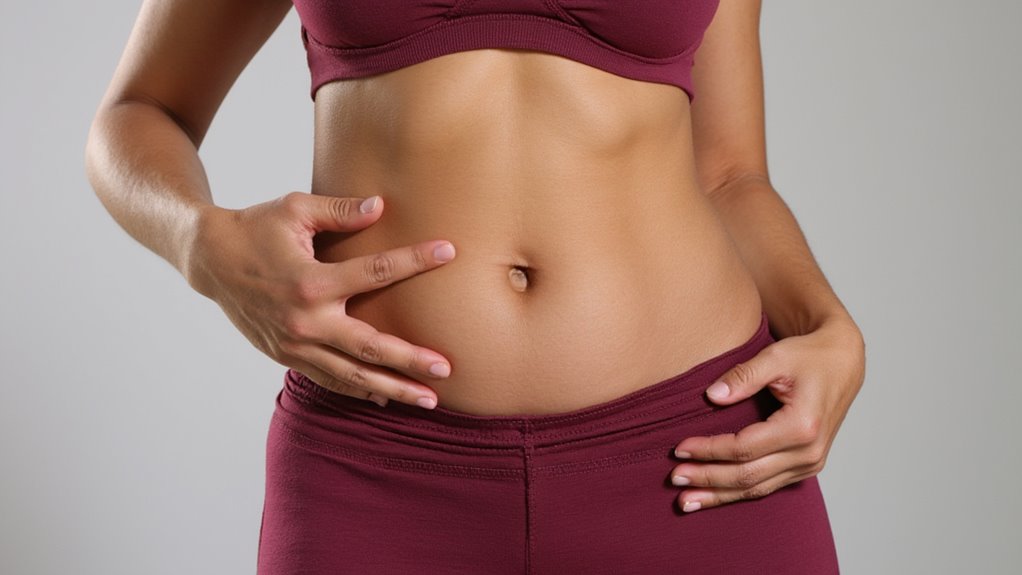 A person wearing a maroon sports bra and matching pants touches their bare stomach with both hands, visually emphasizing belly fat reduction against a neutral background.