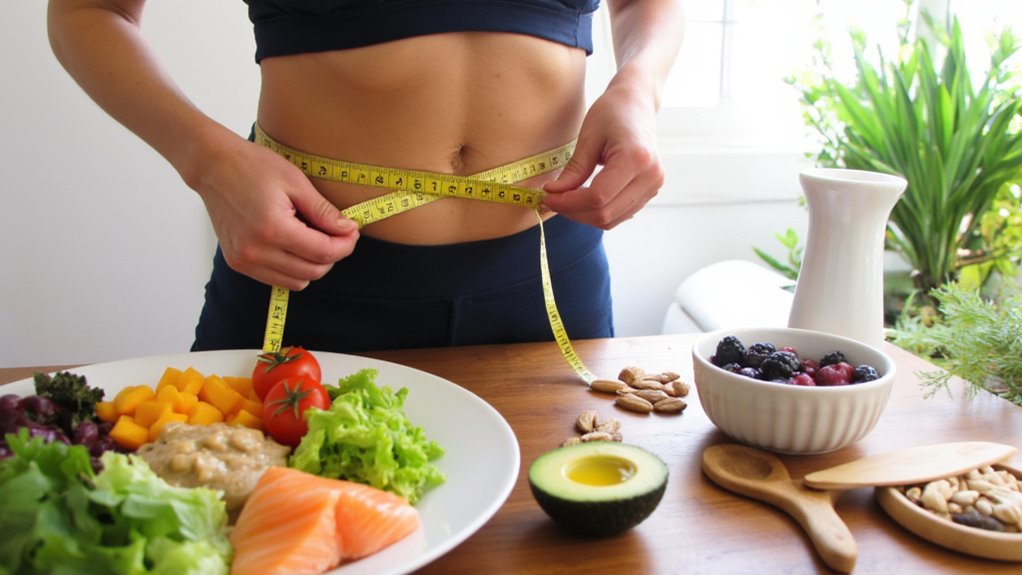A person in workout clothes measures their waist with a tape measure near a table of healthy foods, showcasing how to lose belly fat with nutritious choices like salmon, avocado, salad, berries, and nuts in a bright room filled with plants.