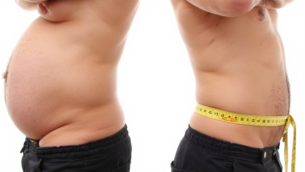 Side-by-side comparison of a person’s torso before and after visceral fat loss: the left side shows a protruding belly, while the right highlights a slimmer abdomen with a measuring tape—showcasing effective flat stomach tips.