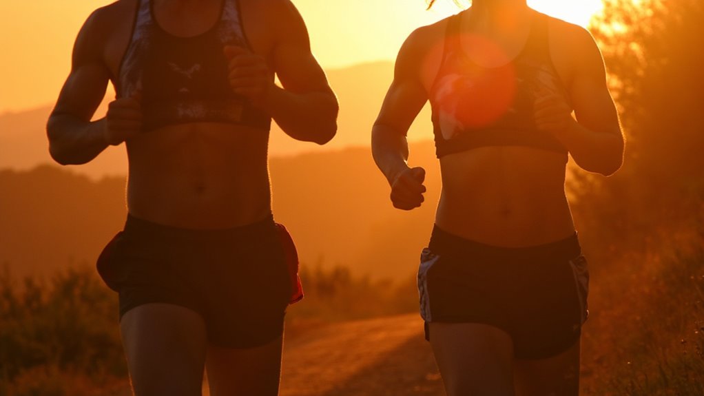 Two people are jogging outdoors on a path at sunset, with warm sunlight illuminating their silhouettes. Dressed in athletic wear, they enjoy the natural landscape—an inspiring scene for anyone seeking flat stomach tips or exploring how to lose belly fat.