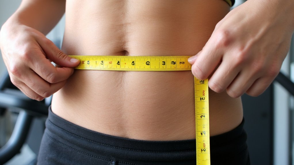 A person measures their waist with a yellow measuring tape, focusing on the midsection—perhaps tracking progress from flat stomach tips or a visceral fat loss plan. They wear black pants; the blurred background suggests an indoor setting.