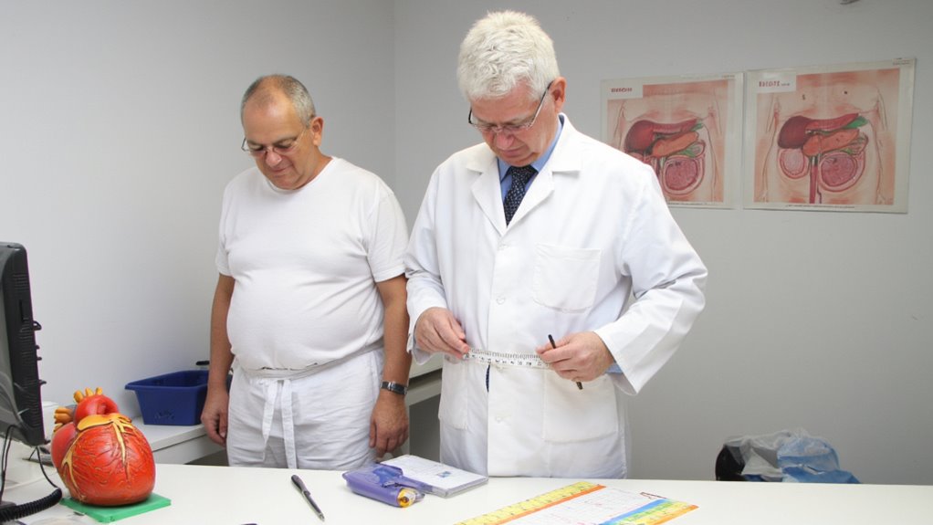 A doctor in a white coat measures a tape while a patient seeking advice on how to lose belly fat stands nearby in a medical office. Anatomical diagrams and a heart model are visible on the table and wall.