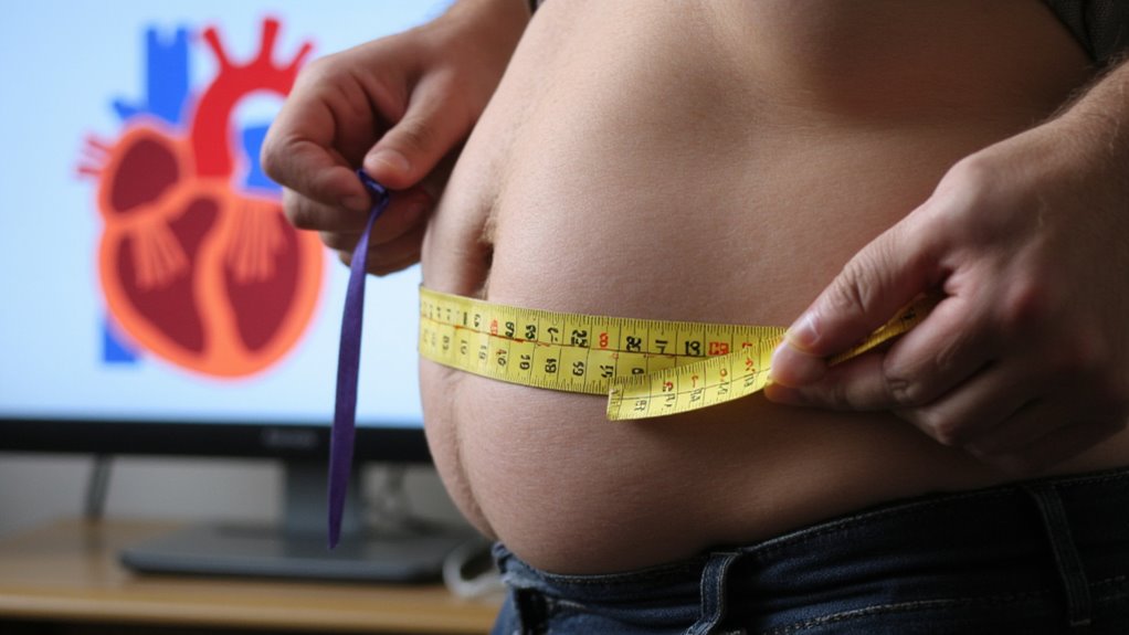 A person measures their waist with a tape measure. In the background, a screen displays an illustration of a heart, highlighting the connection between stomach weight loss and improved heart health.