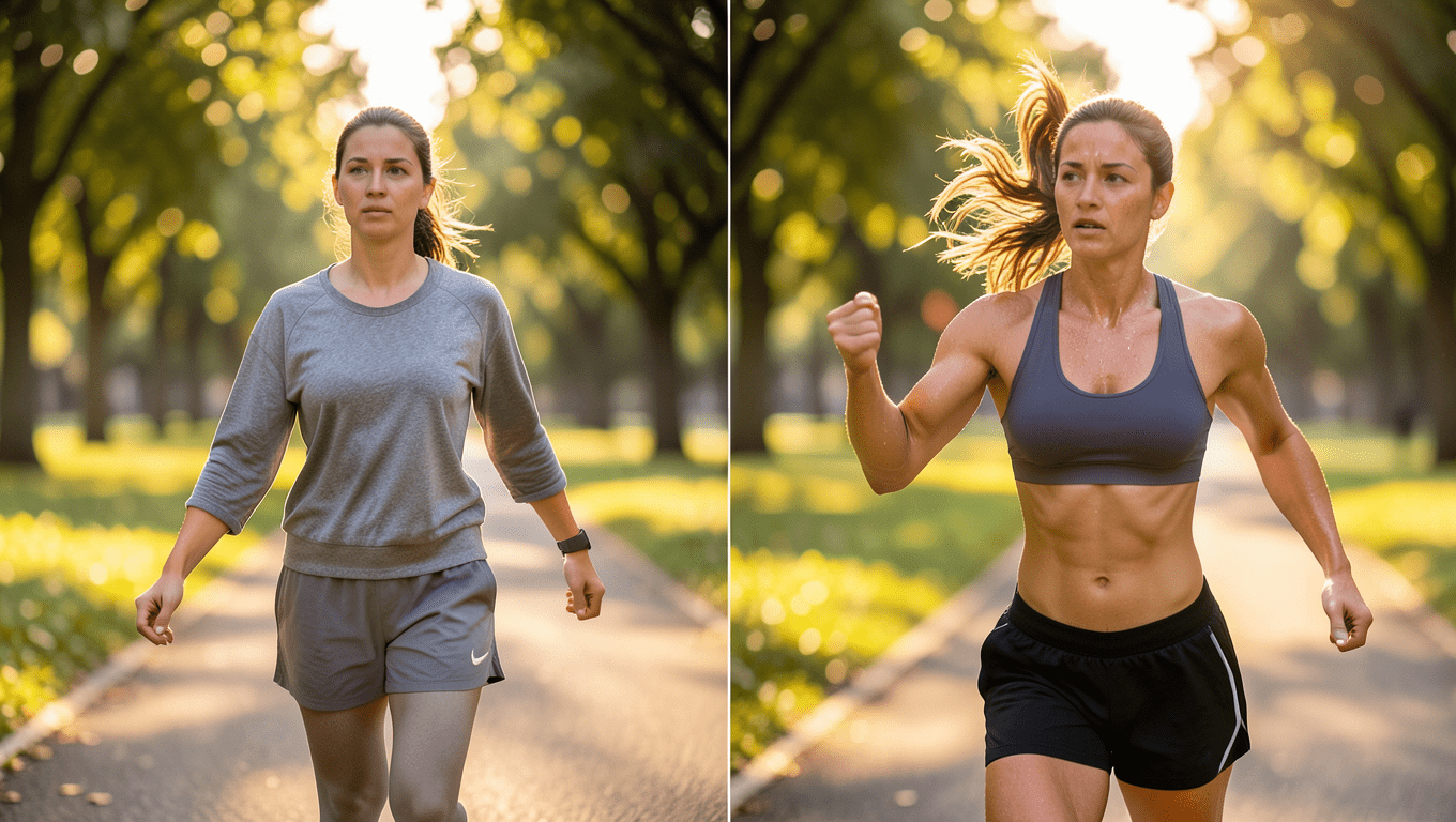 Split image: On the left, a woman in a grey long-sleeve top and shorts walks in a sunny park. On the right, she’s more muscular, running in a sports bra and shorts—highlighting Walking vs Running for Belly Fat Loss. Trees line both paths.
