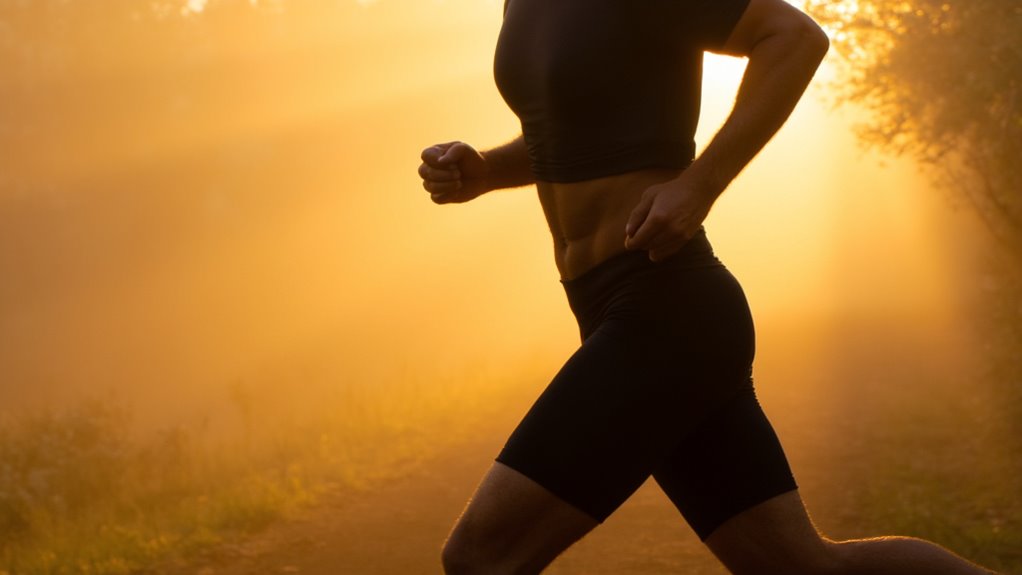 A person in black athletic wear runs outdoors at sunrise, golden sunlight streaming through trees. The image highlights motion and an active lifestyle—perfect for exploring walking vs running for belly fat loss.