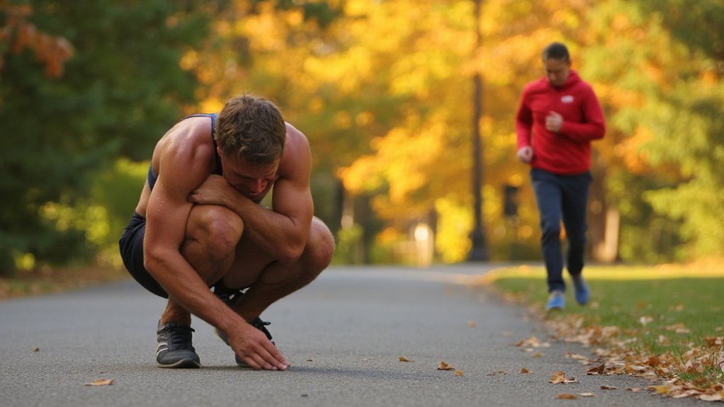 A man in athletic wear crouches on a paved path, looking down, possibly in pain after testing the effects of walking vs running for belly fat loss. Another person in a red jacket jogs behind him as autumn trees line the path.