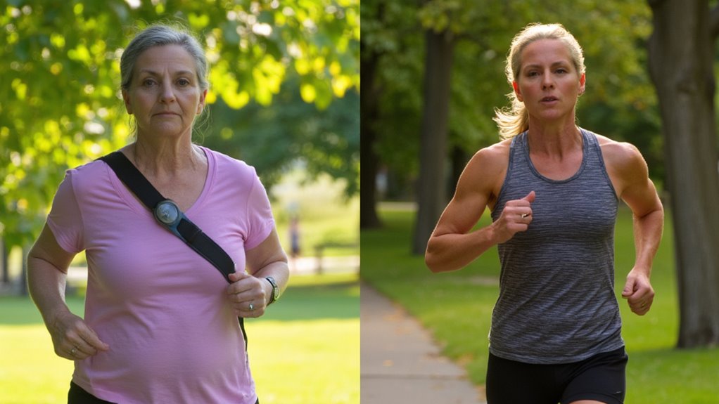 A split image shows two women jogging outdoors, highlighting Walking vs Running for Belly Fat Loss: on the left, an older woman in a pink shirt with a bag strap; on the right, a younger woman in gray, both running in green park settings.