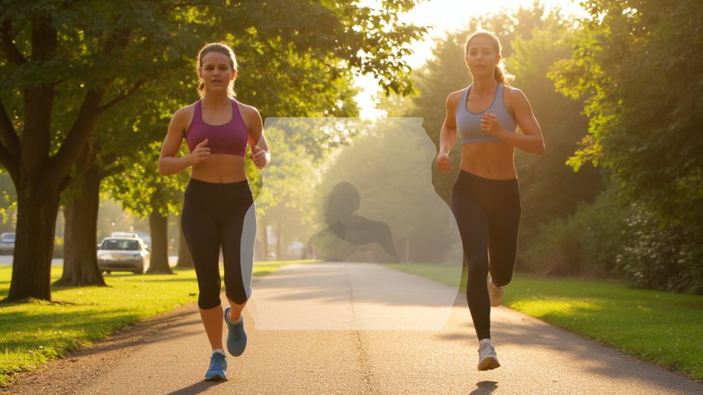 Two women in athletic wear jog side by side down a sunlit, tree-lined path, embodying the debate of walking vs running for belly fat loss. They look focused as the morning sun casts long shadows on the trail lined with grass and trees.