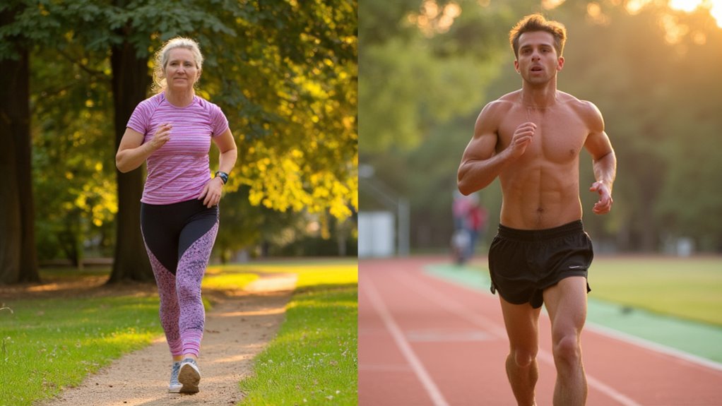 Split image highlights Walking vs Running for Belly Fat Loss: Left, a focused woman briskly walks in the park; right, a shirtless man runs on a track at sunset. Both illustrate different approaches to burning belly fat.