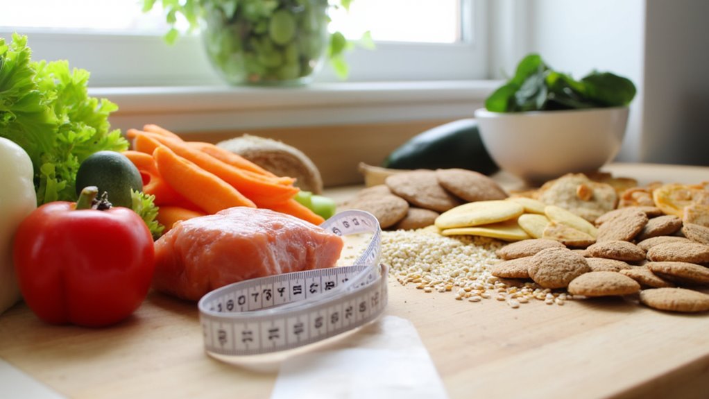 A variety of healthy foods, including leafy lettuce, a tomato, carrots, chicken breast, grains, cookies, and spinach in a bowl, are arranged on a wooden surface with a measuring tape in front—perfect for discussing walking vs running for belly fat loss.