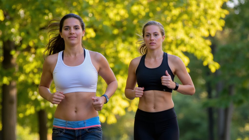 Two women jog outdoors on a sunny day, embodying the benefits of running in the walking vs running for belly fat loss debate. Both wear sports bras and athletic bottoms, framed by lush, green trees in a vibrant, nature-filled setting.