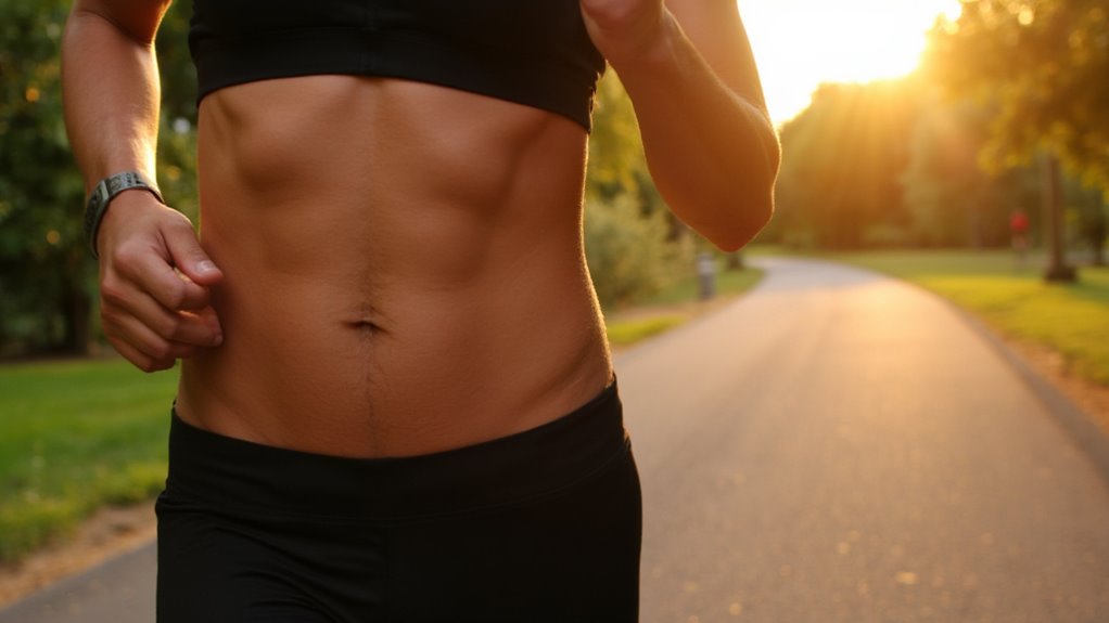 Close-up of a fit person's midsection as they jog outdoors on a sunny day, highlighting toned abs. This image captures the energy behind the walking vs running for belly fat loss debate, with sunlit trees and a path blurred in the background.