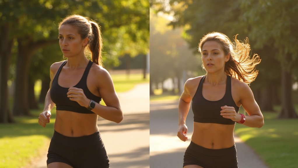 Side-by-side images of a fit woman jogging outdoors highlight the debate of walking vs running for belly fat loss, as she wears a black sports bra, black shorts, and a fitness tracker while running along a sunlit, tree-lined path.