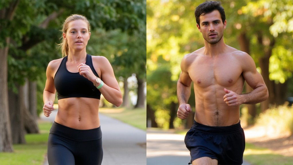 A split image highlights Walking vs Running for Belly Fat Loss: on the left, a woman in black sportswear runs along a tree-lined path; on the right, a shirtless man sprints down another sun-dappled trail. Both appear focused and athletic.