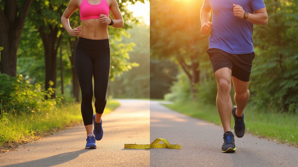 Two people jog outside on a sunlit path lined with trees, illustrating the debate of walking vs running for belly fat loss. A woman in a pink sports bra and a man in a blue shirt pass by a yellow measuring tape on the ground between them.