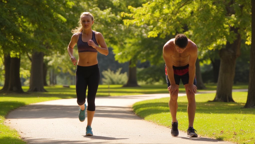 A woman in athletic wear jogs energetically on a sunlit park path, while a shirtless man beside her—exhausted with hands on knees—illustrates the difference between walking vs running for belly fat loss amid lush greenery and dappled sunlight.