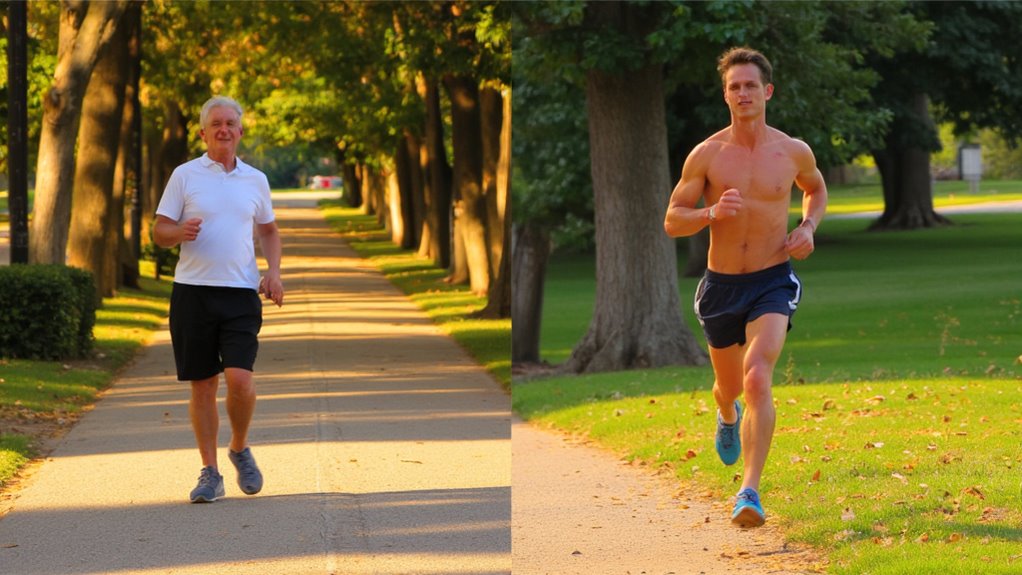 Split image: On the left, an older man walks briskly on a sunlit, tree-lined path; on the right, a young man runs. Both scenes highlight Walking vs Running for Belly Fat Loss amid lush green grass and trees.