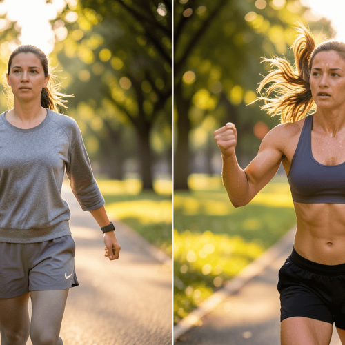 Split image: On the left, a woman in a grey long-sleeve top and shorts walks in a sunny park. On the right, she’s more muscular, running in a sports bra and shorts—highlighting Walking vs Running for Belly Fat Loss. Trees line both paths.