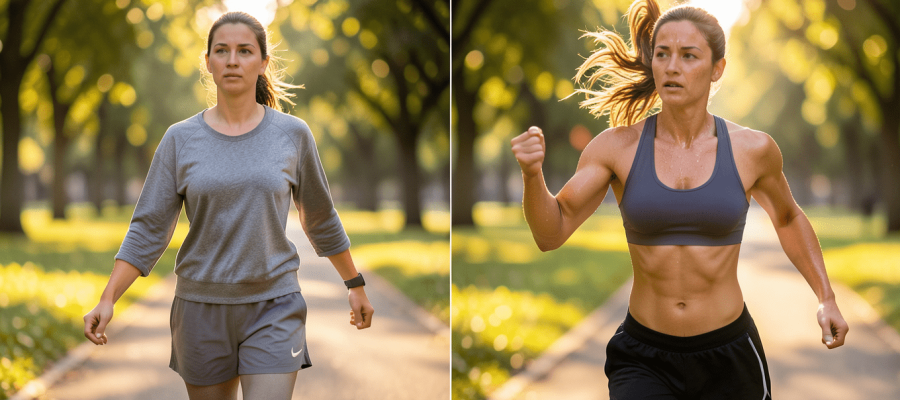 Split image: On the left, a woman in a grey long-sleeve top and shorts walks in a sunny park. On the right, she’s more muscular, running in a sports bra and shorts—highlighting Walking vs Running for Belly Fat Loss. Trees line both paths.